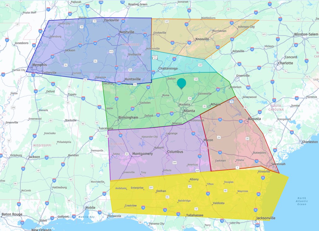 Map showing 1-800 Packouts of Georgia's service area across the southeastern United States